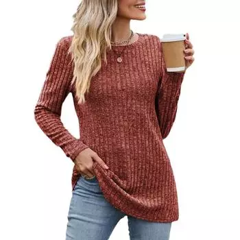 Осенний женский трикотаж Одежда женская повседневная Круглый вырез Матовый полосатый свитер Однотонный топ Длинный рукав Футболка S хаки