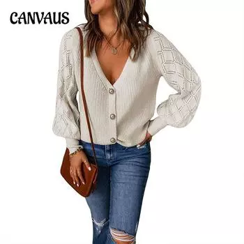 Осенний женский трикотаж, однотонный трикотаж с ромбами и объемными рукавами, свободный однобортный кардиган, свитер S белый