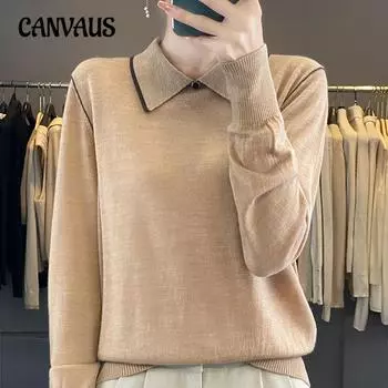 Осенний женский трикотаж Пуловер Свитер Рубашка с воротником и лацканами Длинный рукав Трикотаж M верблюд