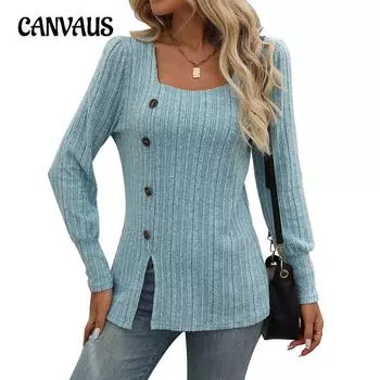 Осенний женский трикотаж с квадратным вырезом в полоску, матовый однотонный топ с длинными рукавами и пуговицами