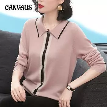 Осенний женский трикотаж, свободные топы с лацканами, рубашка в стиле ретро с длинным рукавом, свитер One Size розовый