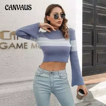 Осенний женский трикотаж в полоску, короткий свитер с длинным рукавом S армия зеленый