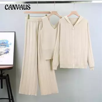 Осенний женский трикотажный костюм больших размеров, повседневный модный пиджак на молнии, жилет, широкие брюки, костюм One Size чёрный