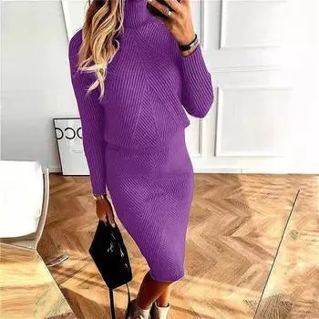 Осенний женский трикотажный костюм водолазка однотонный пуловер свитер узкая юбка комплект из двух частей XS серый