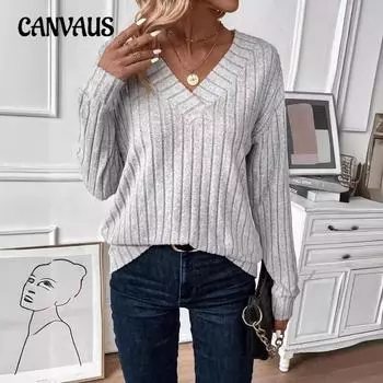 Осенний женский трикотажный повседневный однотонный топ с длинным рукавом и V-образным вырезом больших размеров S чёрный