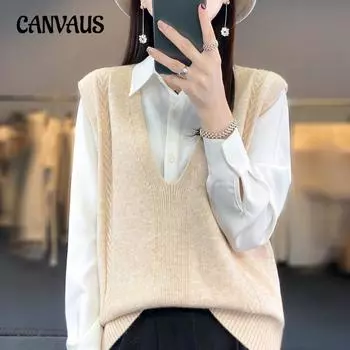 Осенний женский трикотажный жилет с глубоким V-образным вырезом на плечах, свободный жаккардовый свитер M бежевый