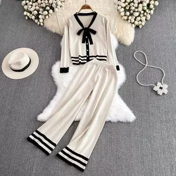 Осенний женский вязаный свитер, брюки, комплект из 2 предметов, повседневный трикотаж, галстук-бабочка, топ с длинными рукавами, пуловер + брюки до щиколотки, спортивный костюм One Size слоновая кость