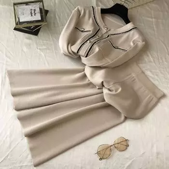 Осенний женский вязаный свитер, комплект из 2 предметов, корейский укороченный трикотаж, кардиган, топы, высокая талия, длина до щиколотки, широкие брюки, костюмы One Size бежевый