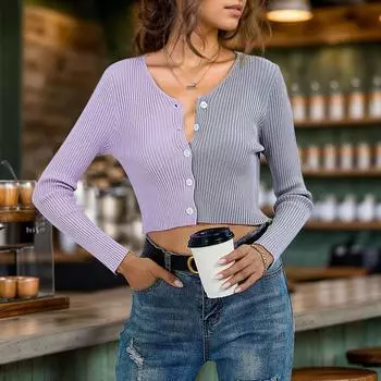 Осенний женский вязаный свитер ярких цветов с v-образным вырезом и пуговицами, вязаный кардиган с длинными рукавами S серый/фиолетовый