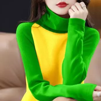 Осенний женский вязаный свитер, тонкий, с длинным рукавом, водолазка, свободный трикотажный низ, рубашка, пуловер, цветной трикотажный топ S