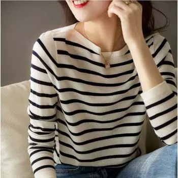 Осенний женский вязаный винтажный свободный полосатый верхний свитер с длинным рукавом и нижняя рубашка One Size белый