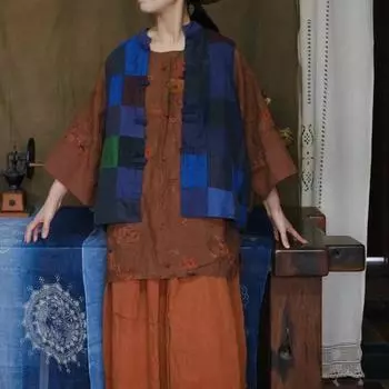 Осенний женский жилет Johnature в нищенском стиле, лоскутный жилет в китайском стиле, свободный льняной воротник, винтажный жилет One Size разноцветный