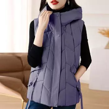 Осенний женский жилет с капюшоном, новинка 2023, модное женское пальто в корейском стиле, зимние куртки без рукавов на молнии с хлопковой подкладкой 2XL бежевый