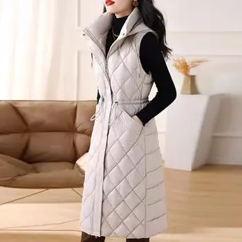 Осенний жилет без рукавов, женские парки с капюшоном, новая модная тонкая теплая одежда для женщин, длинные пальто, зимний жилет L бежевый