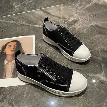 Осенняя 4-цветная новая женская обувь 36-43 на толстой подошве, универсальные белые туфли со шнуровкой, женская повседневная спортивная парусиновая обувь на молнии 36 чёрный