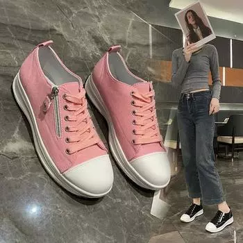 Осенняя 4-цветная новая женская обувь 36-43 на толстой подошве, универсальные белые туфли со шнуровкой, женская повседневная спортивная парусиновая обувь на молнии 36 красный