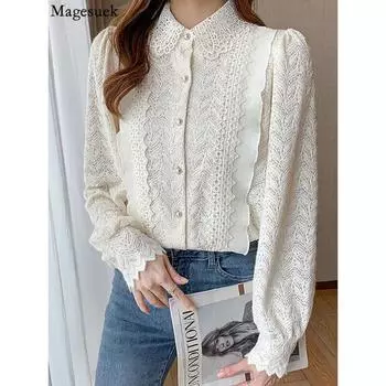 Осенняя элегантная ажурная кружевная рубашка, винтажная плиссированная блузка с кукольным воротником, 2023, женские топы с длинными рукавами, стильные женские блузки 23050 S орион