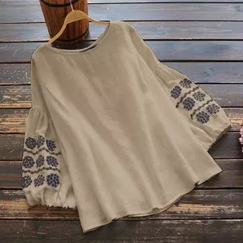 Осенняя элегантная вышитая рубашка с рукавами-фонариками, свободная повседневная женская рубашка с цветочным принтом и круглым вырезом M хаки