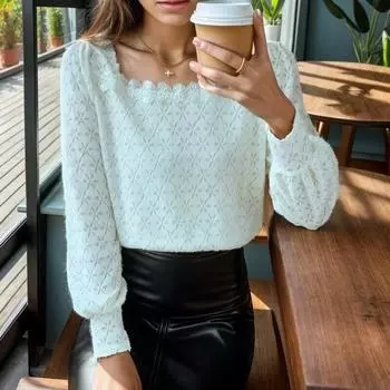 Осенняя элегантная женская блузка с рюшами, модная однотонная кружевная рубашка, женские однотонные топы с длинными рукавами, офисные женские блузки, Blusas Mujer 29742 S орион