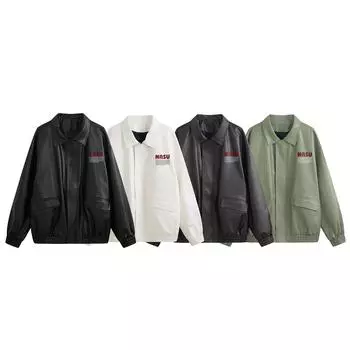 Осенняя американская ретро-кожаная куртка с вышитыми лацканами, свободная бейсбольная форма M белый