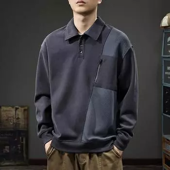 Осенняя американская ретро-рубашка поло с длинными рукавами, мужская, тяжелая, свободная, большого размера, модный бренд, повседневный свитер с плетением M чёрный