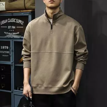 Осенняя американская ретро-рубашка поло с длинными рукавами, мужская полумолния, стоячий воротник, свободный повседневный тяжелый пуловер, модный M хаки