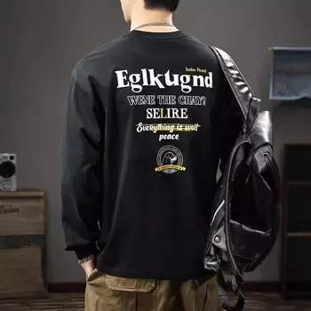 Осенняя американская уличная модная брендовая футболка с длинными рукавами и принтом, мужской плотный хлопковый свитер, свободная рубашка большого размера с круглым вырезом M чёрный