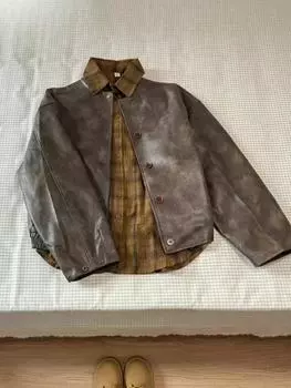 Осенняя эстетическая винтажная свободная кожаная куртка для женщин, шикарное однотонное пальто с длинными рукавами + повседневная рубашка с клетчатым воротником в стиле ретро, новинка S хаки