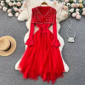 Осенняя атмосфера, ощущение ношения нишевого дизайна, женское платье из сетчатой пряжи с рукавами-трубами из бисера и талией