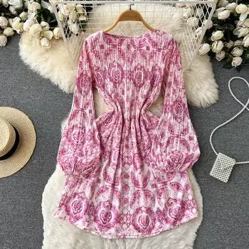 Осенняя атмосфера Sense Wear с рукавами-фонариками Французское темпераментное платье богини с веером на талии Тонкое платье с цветочным принтом