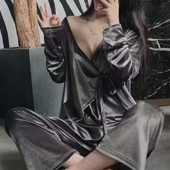 Осенняя бархатная пижама, велюровая женская пижама, комплект из двух предметов, кардиган с длинным рукавом и брючный костюм, свободная повседневная домашняя одежда, одежда для отдыха M