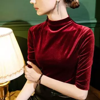 Осенняя бархатная рубашка с высоким воротником, женская облегающая рубашка с рукавом пять четвертей и золотым бархатным топом с воротником-стойкой и короткими рукавами S кофейный