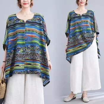 Осенняя блузка повседневная женская футболка женская свободного размера винтажный топ свободный летучая мышь полосатый большой размер One Size синий