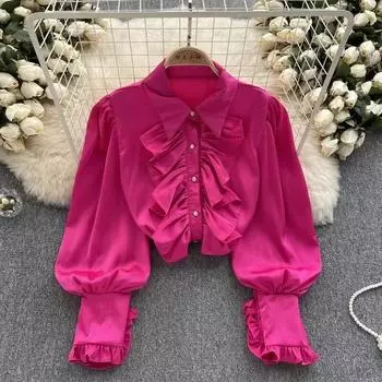 Осенняя блузка с длинным рукавом, милые топы с оборками, роскошный стиль, рубашка с длинным рукавом, элегантные женские повседневные рубашки, свободная одежда 29922 S абрикосовый