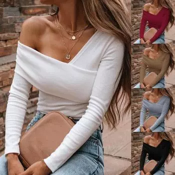 Осенняя блузка с открытыми плечами, однотонная женская тонкая блузка с длинным рукавом, все S хаки