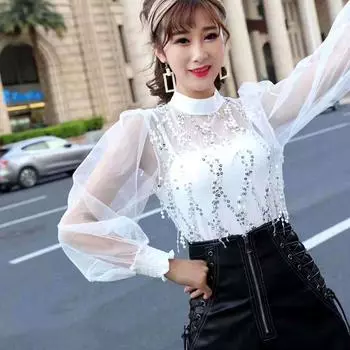 Осенняя блузка с рукавами-фонариками, верхняя женская одежда, корейская мода, элегантная, шикарная, сексуальная, сетчатая, прозрачная рубашка с пайетками S абрикосовый