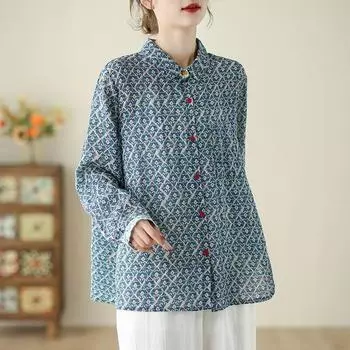 Осенняя блузка в винтажном стиле, художественная свободная хлопковая льняная рубашка с длинными рукавами и принтом для женщин M