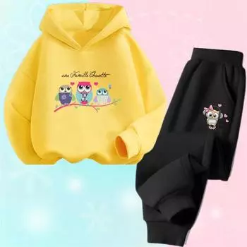 Осенняя детская одежда, милый принт совы, топы с длинными рукавами для девочек, комплекты с капюшоном и брюками, детская одежда, спортивные костюмы для подростков 100