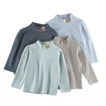 Осенняя детская одежда, полосатая базовая футболка с длинным рукавом, воротник средней высоты, детская одежда для мальчиков и девочек с вышивкой 90cm кофейный