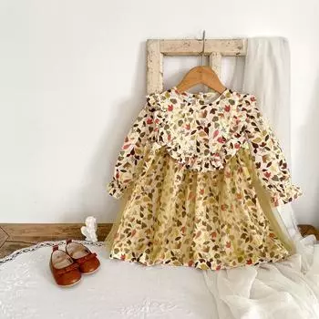 Осенняя детская одежда с длинными рукавами и кружевом с принтом для маленьких девочек, юбка с круглым вырезом, повседневное детское платье bafanou 27056 73cm(6-12M)