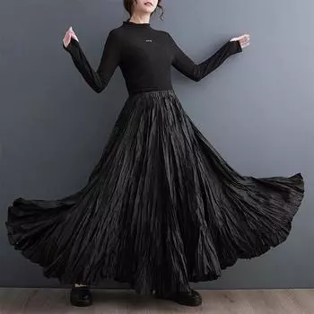 Осенняя длинная юбка свободного покроя, женская, свободная, с оборками, плиссированная, женская, юбка с высокой талией, повседневная, А-силуэт, женская юбка One Size чёрный