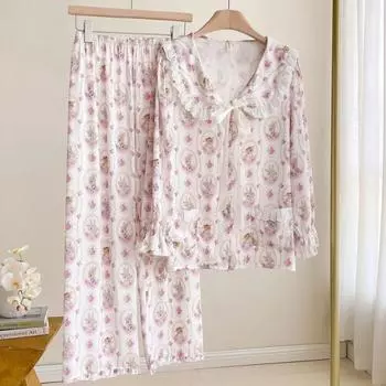 Осенняя домашняя одежда с длинными рукавами, милая пижама с рисунком из мультфильмов, женская пижама с кружевным краем и кукольным вырезом, симпатичные повседневные рубашки для сна M розовый