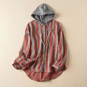 Осенняя двухслойная хлопковая пряжа в полоску с капюшоном повседневная рубашка верхняя куртка для женщин блузки и рубашки M