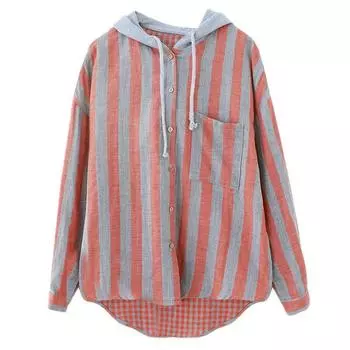 Осенняя двухслойная хлопковая пряжа в полоску с капюшоном повседневная рубашка верхняя куртка для женщин блузки и рубашки M