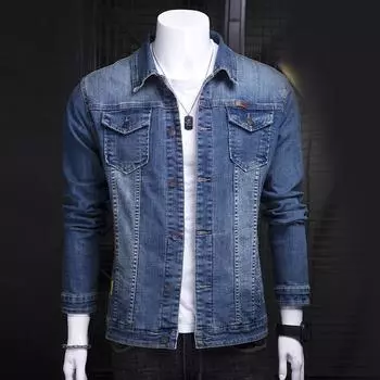 Осенняя джинсовая куртка мужская повседневная куртка с лацканами тонкая джинсовая куртка S синий