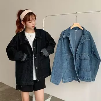 Осенняя джинсовая куртка, свободная женская длинная универсальная студенческая куртка Top Tide размера плюс XXXXXL чёрный