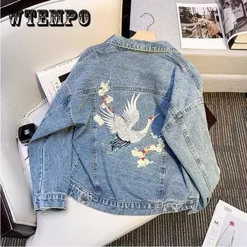 Осенняя джинсовая куртка свободного покроя, красивый бойфренд, ветровая тяжелая вышивка, маленький журавль, модная черная женская куртка S
