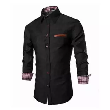 Осенняя джинсовая рубашка мужская повседневная с лацканами, облегающая, не требующая глажки, горячая распродажа, уличная одежда, отложной воротник, стандартная застежка на пуговицы M чёрный