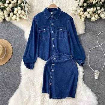 Осенняя джинсовая рубашка с длинными рукавами в гонконгском стиле, ретро-дизайн Sense, топ, нерегулярная юбка, женская из двух частей