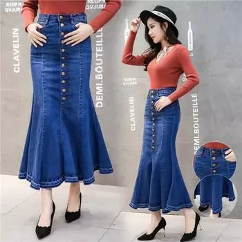 Осенняя джинсовая юбка-зонтик - большой размер Swing, эластичная, средней длины, облегающая, зрелый вид M